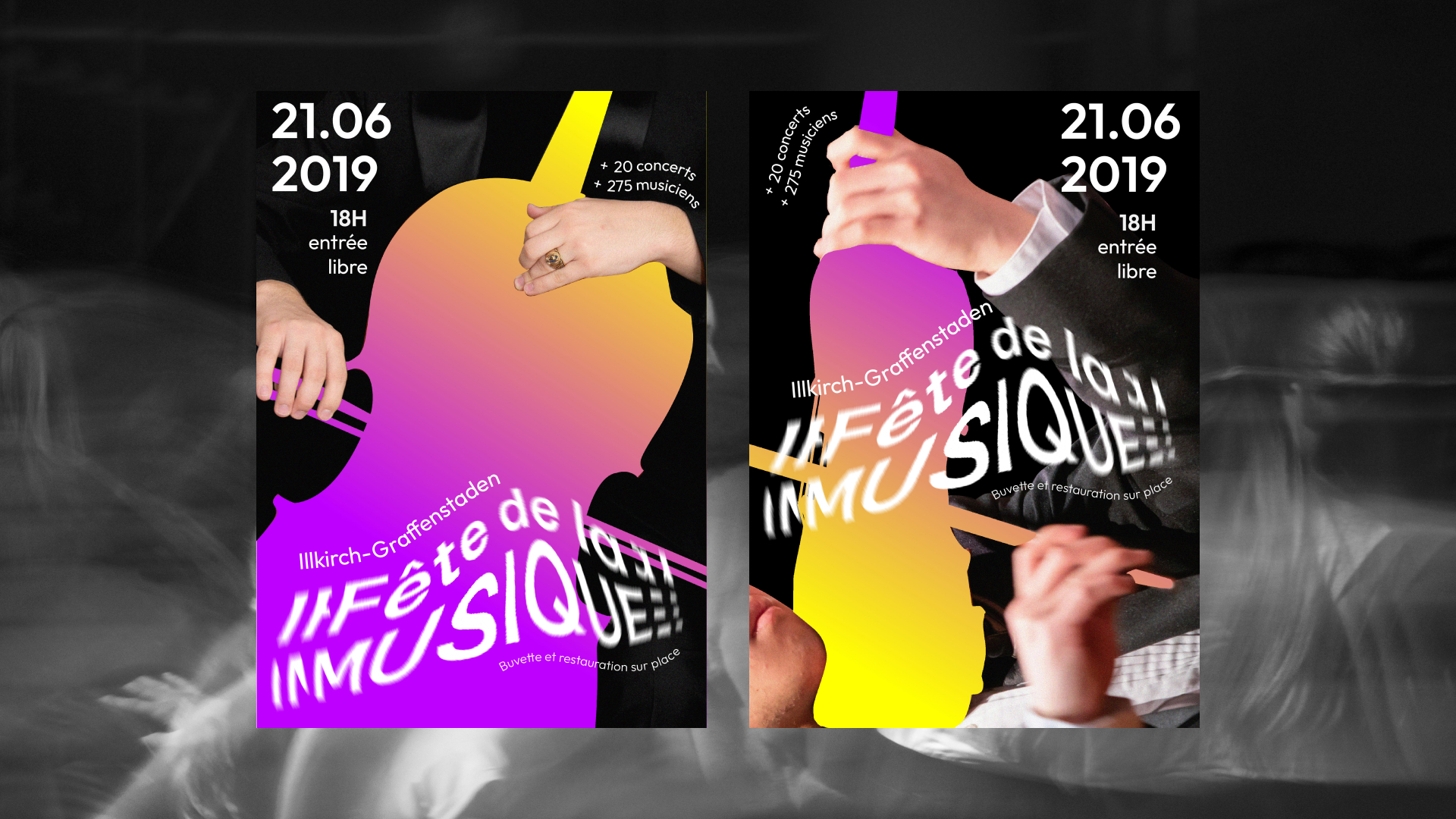 affiche musiciens avec instrument en défonce et en dégradé à la place