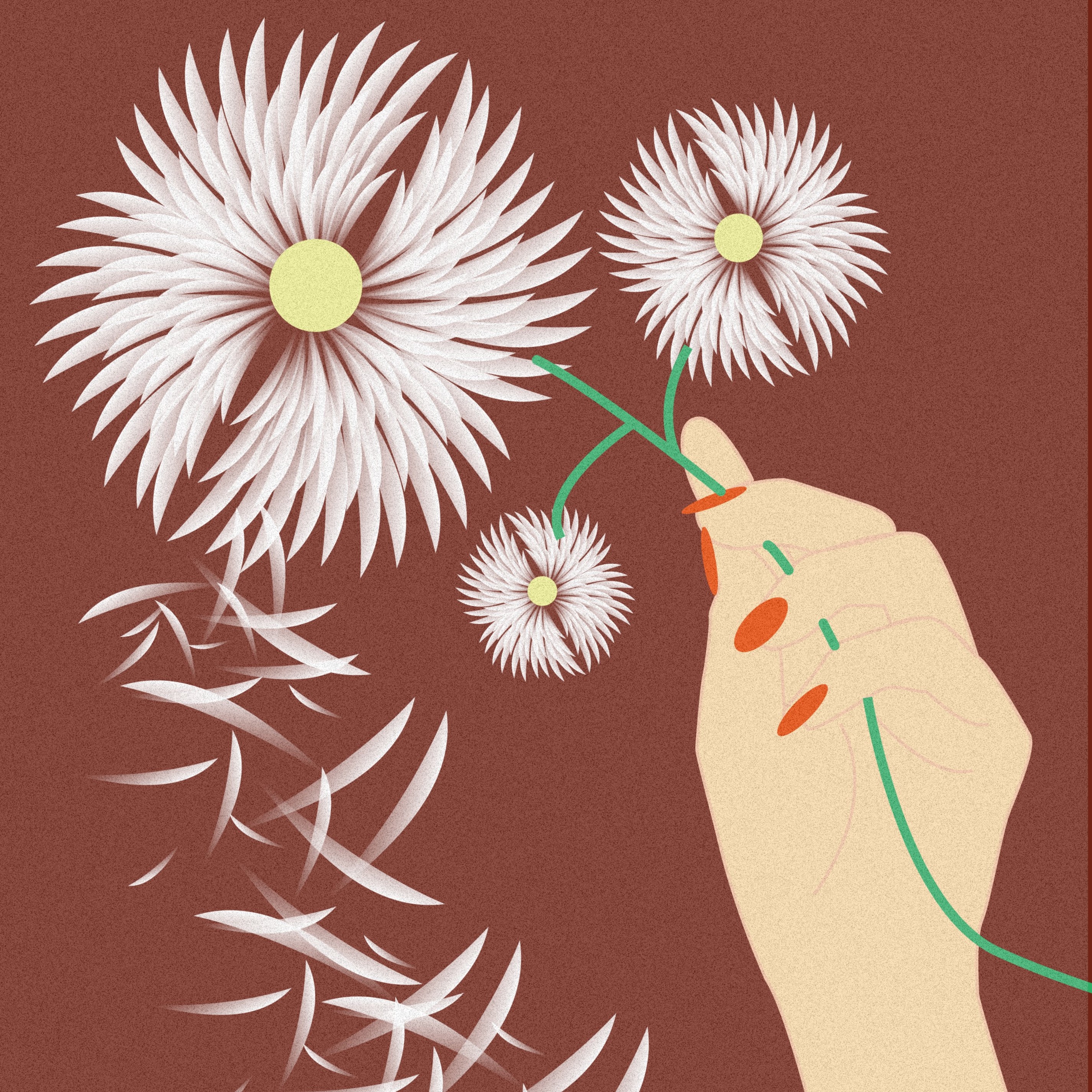 main qui tient des fleurs et des pétales s'envolent