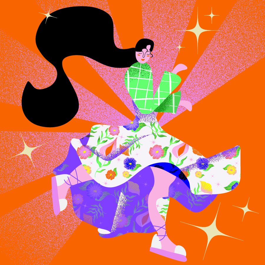 femme dont la jupe fleurie virvolte